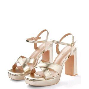 Elisabeth Tang Gold Platform Dressy Block Heel Size 9. (WS337)